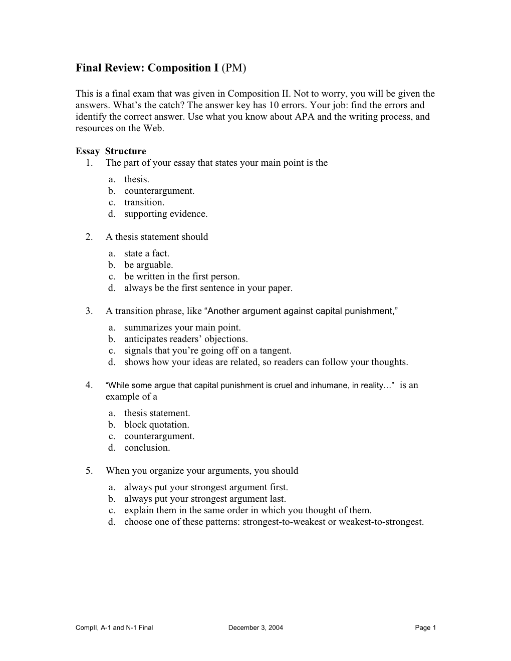 Final Exam: Composition