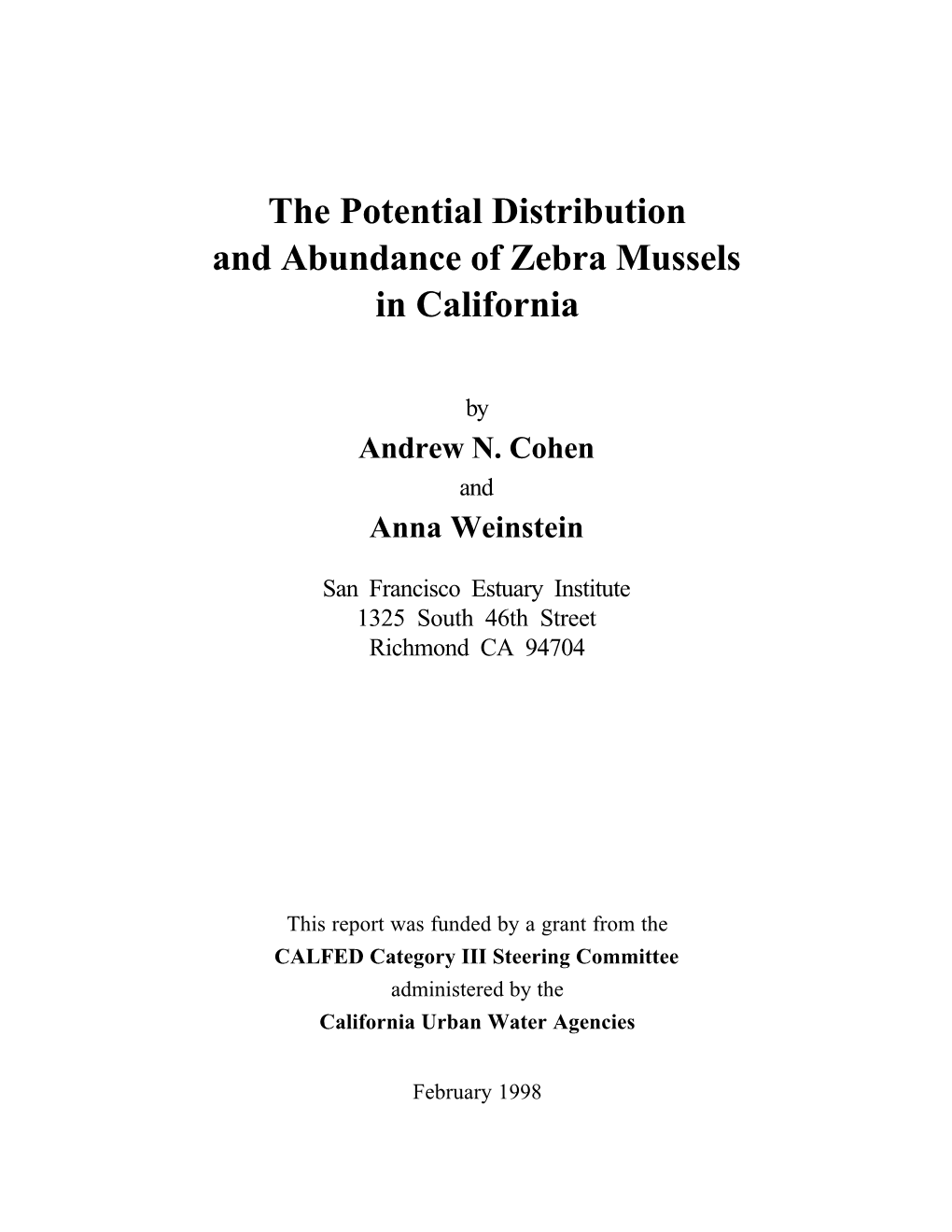 The Potential Distribution and Abundance of Zebra Mussels in California