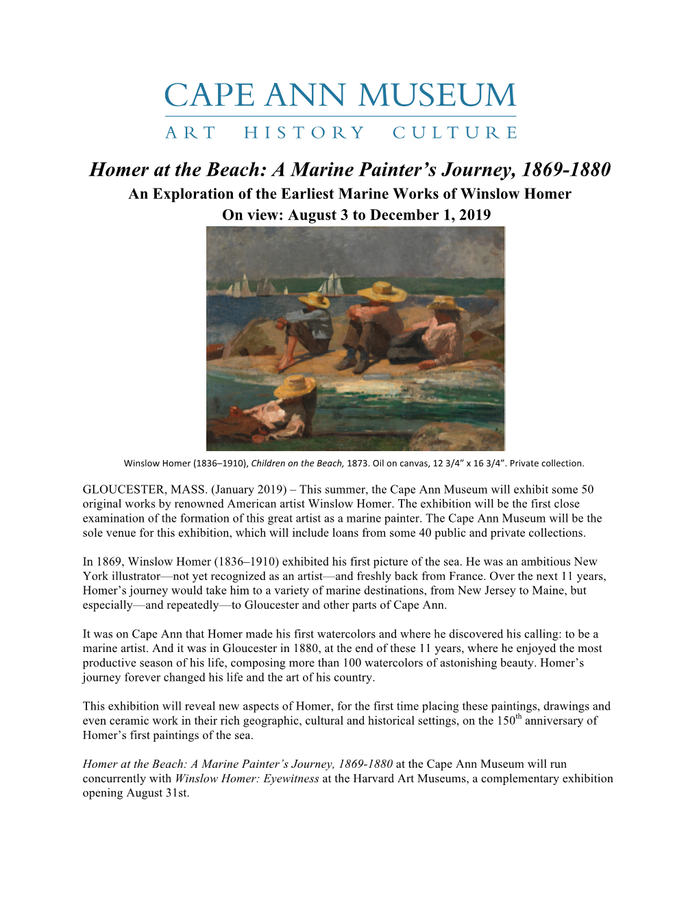 Homer at the Beach: a Marine Painter's Journey, 1869-1880