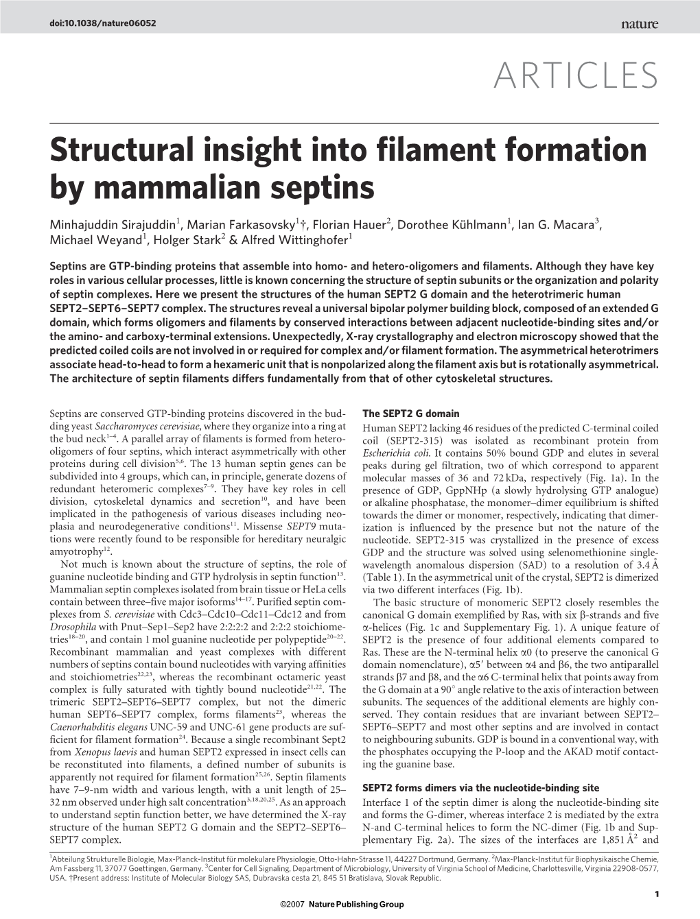 Structural Insight Into Filament Formation by Mammalian Septins