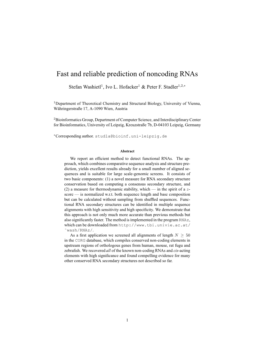Fast and Reliable Prediction of Noncoding Rnas