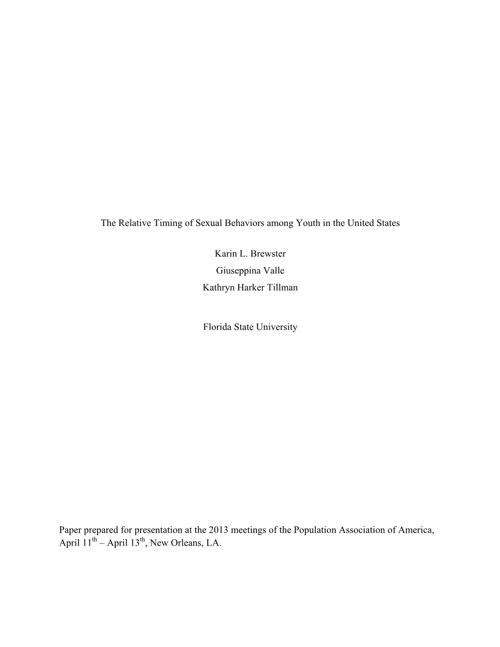 The Relative Timing of Sexual Behaviors Among Youth in the United States