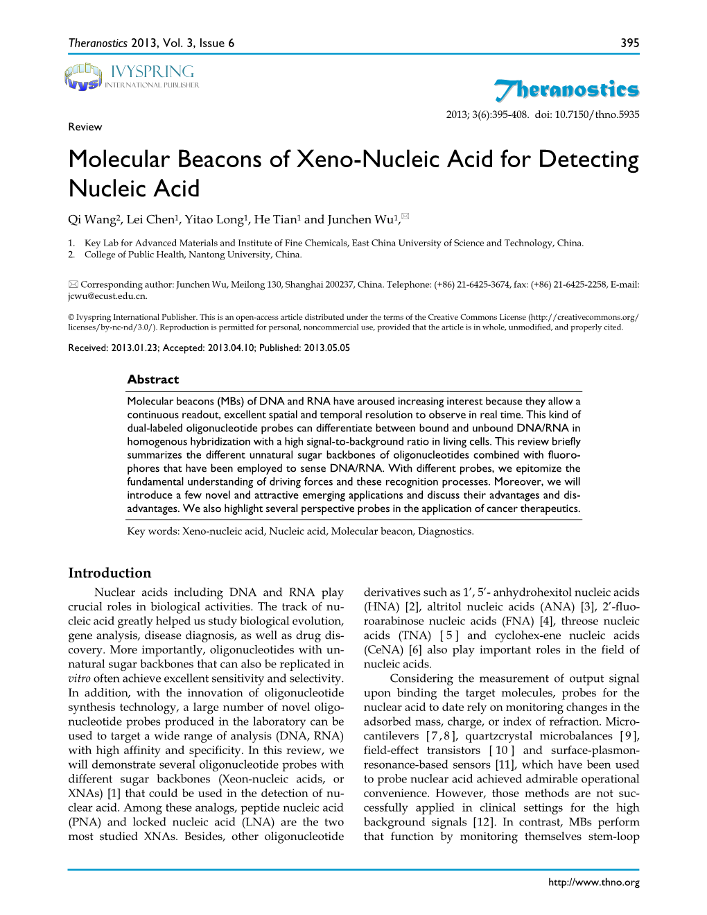 Theranostics Molecular Beacons of Xeno-Nucleic Acid for Detecting