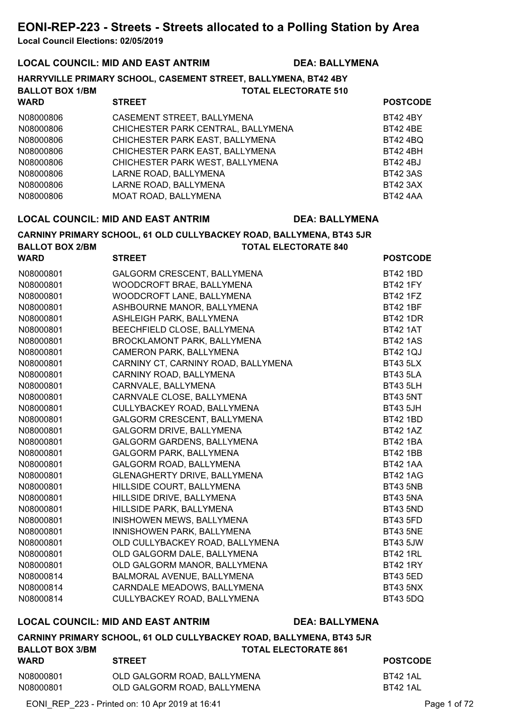 EONI-REP-223 - Streets - Streets Allocated to a Polling Station by Area Local Council Elections: 02/05/2019