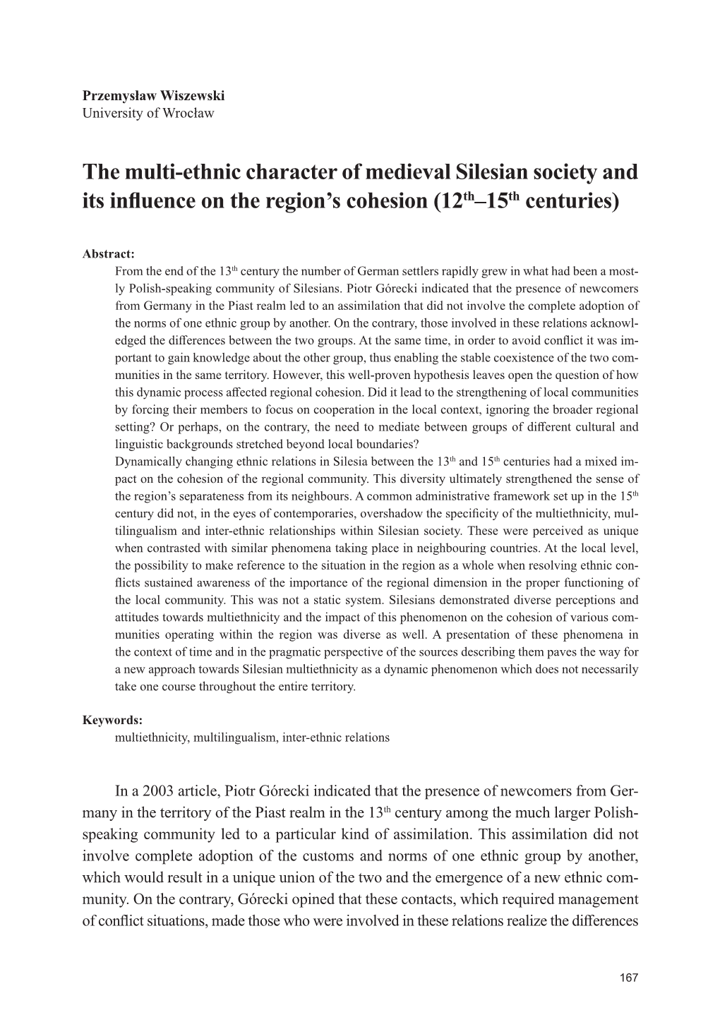 The Multi-Ethnic Character of Medieval Silesian Society and Its Influence on the Region's Cohesion (12Th–15Th Centuries)