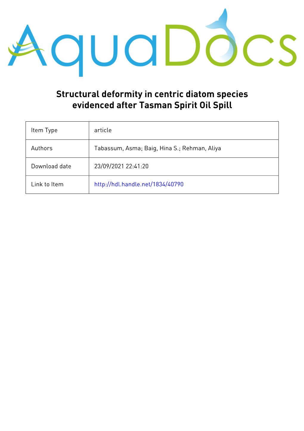 Structural Deformity in Centric Diatom Species Evidenced After Tasman Spirit Oil Spill