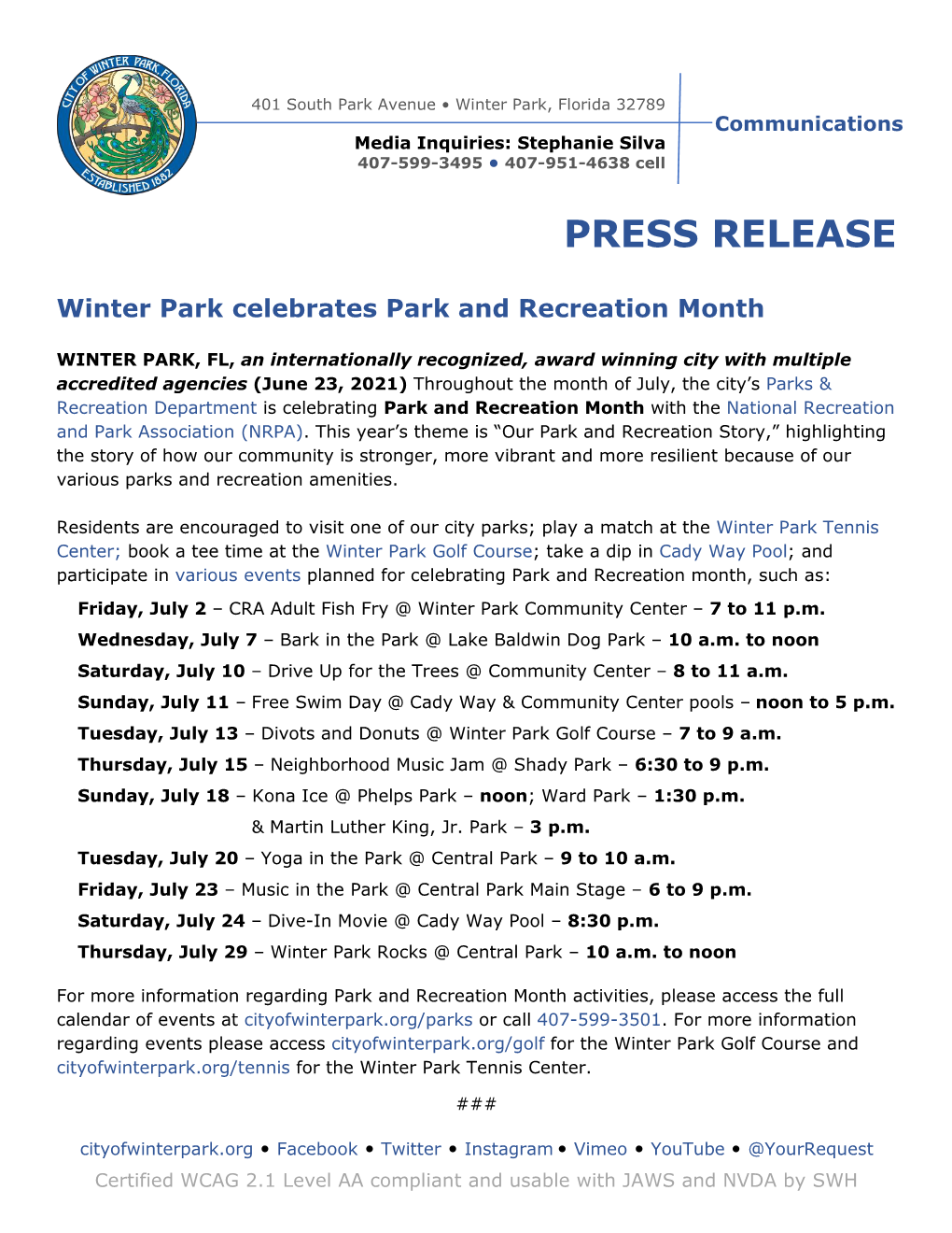 Winter Park Celebrates Park and Recreation Month