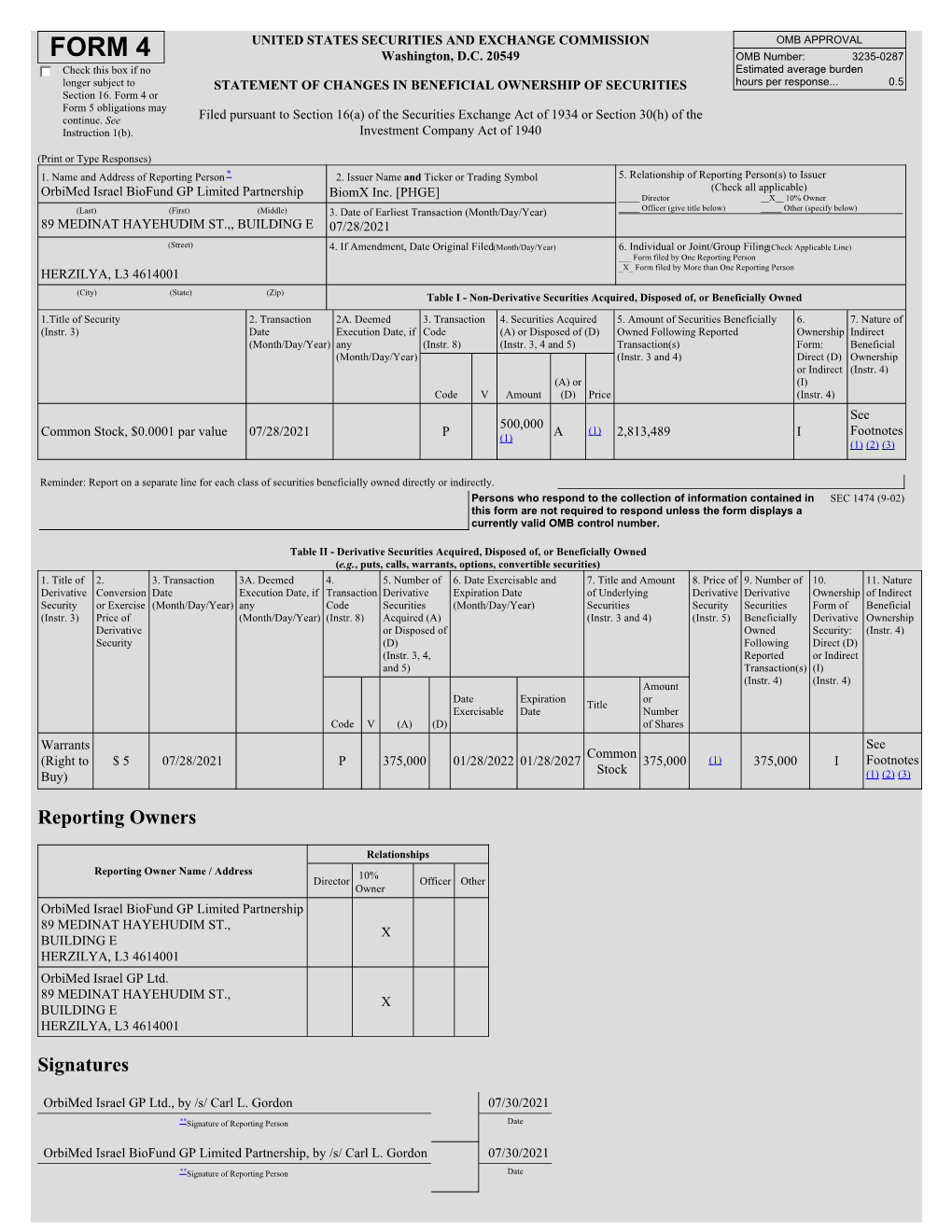 STATEMENT of CHANGES in BENEFICIAL OWNERSHIP of SECURITIES Hours Per Response