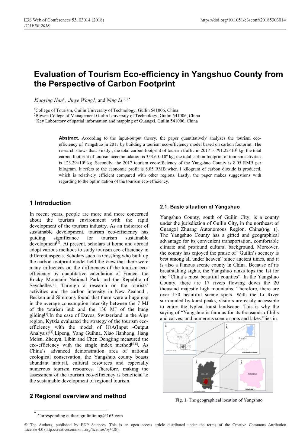 Evaluation of Tourism Eco-Efficiency in Yangshuo County from the Perspective of Carbon Footprint