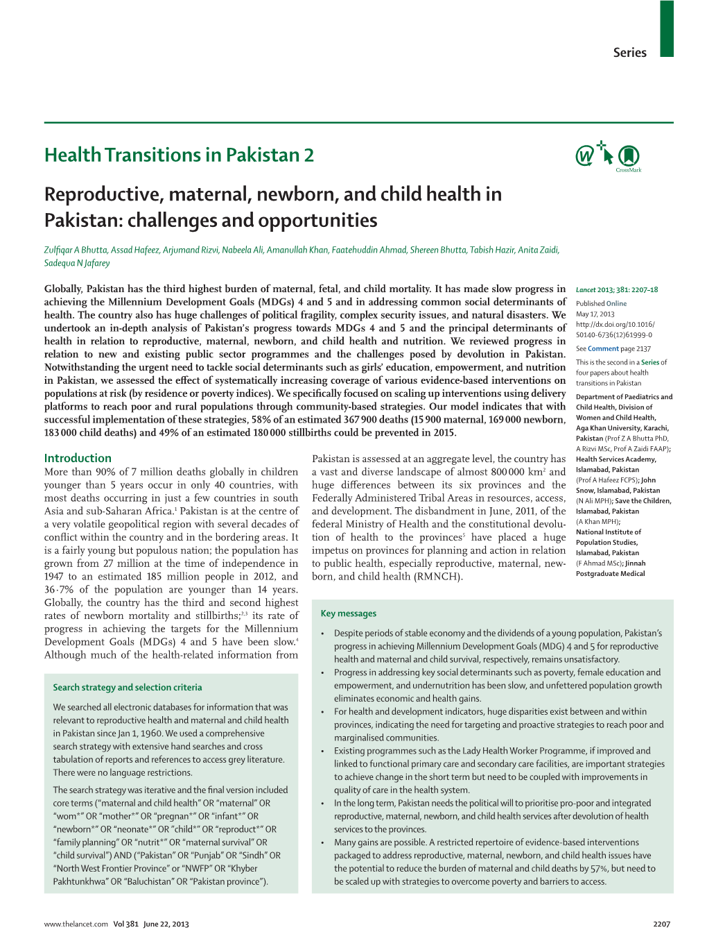 Reproductive, Maternal, Newborn, and Child Health in Pakistan: Challenges and Opportunities