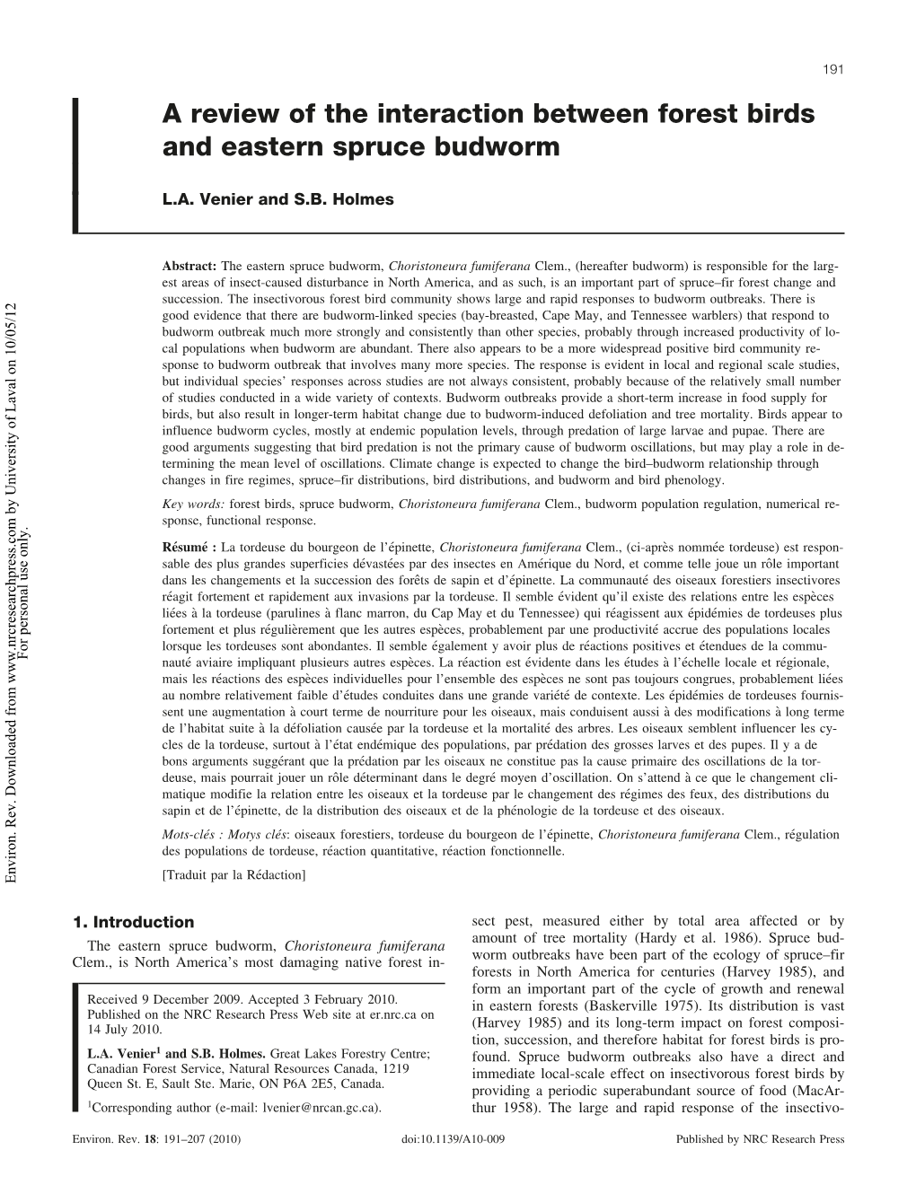 A Review of the Interaction Between Forest Birds and Eastern Spruce Budworm