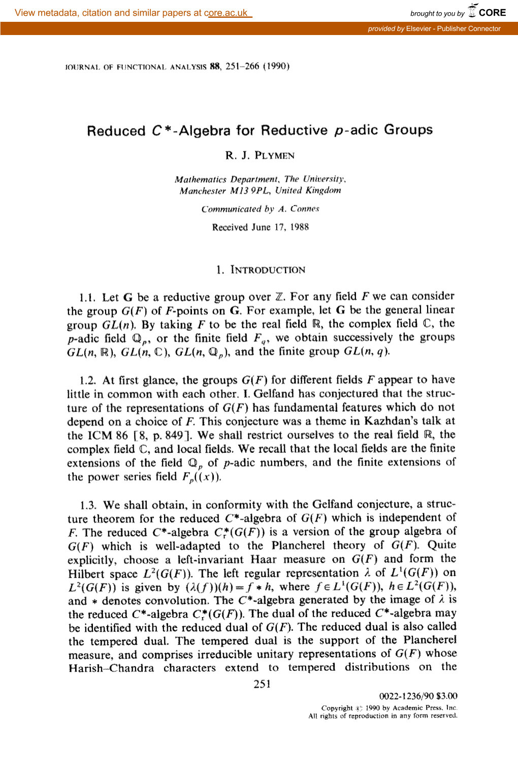 Reduced C*-Algebra for Reductive P-Adic Hx~Ps