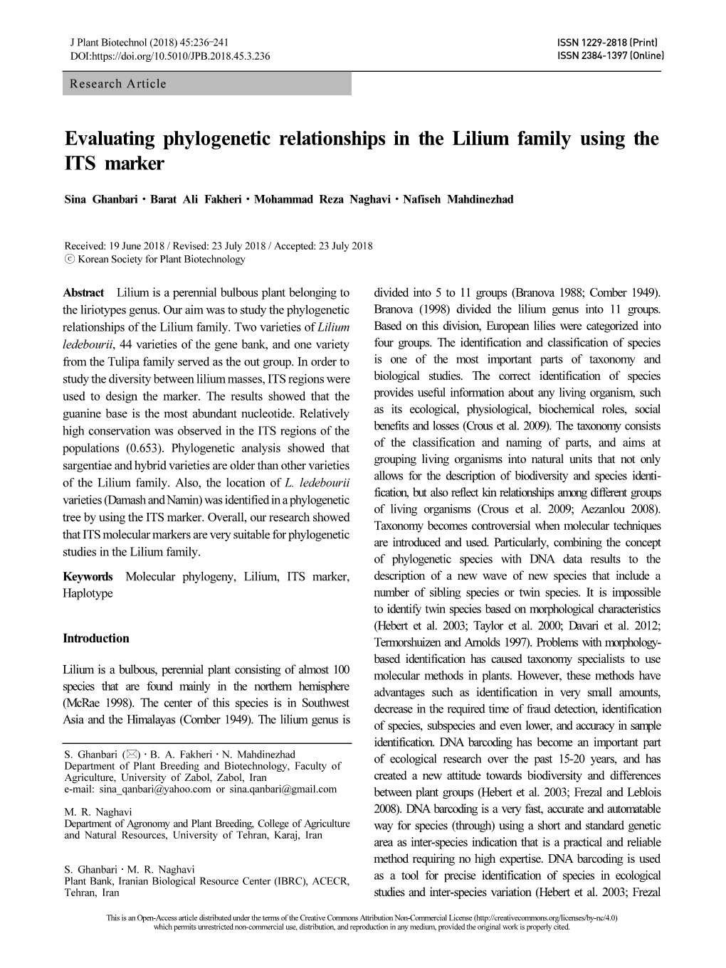 Evaluating Phylogenetic Relationships in the Lilium Family Using the ITS Marker