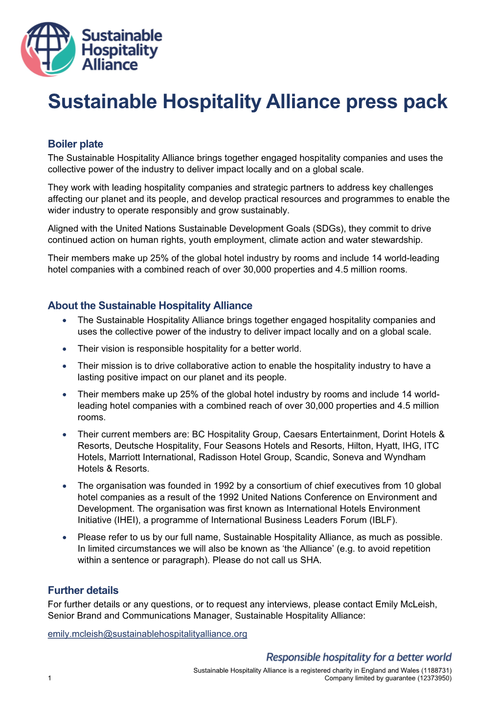 Sustainable Hospitality Alliance Press Pack