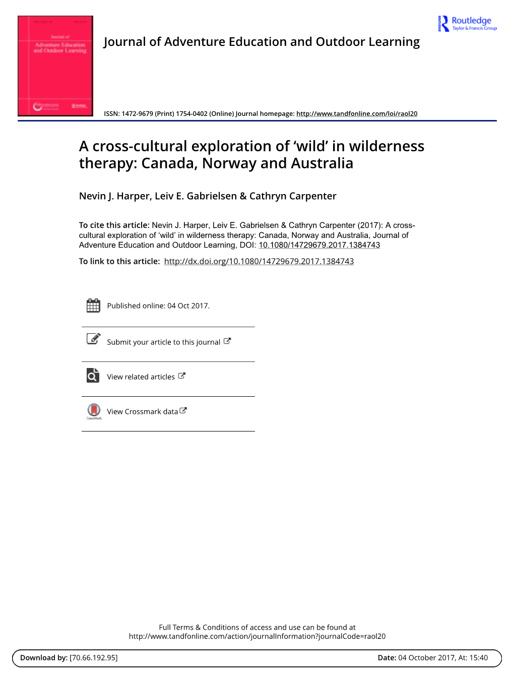 A Cross-Cultural Exploration of 'Wild' in Wilderness Therapy: Canada