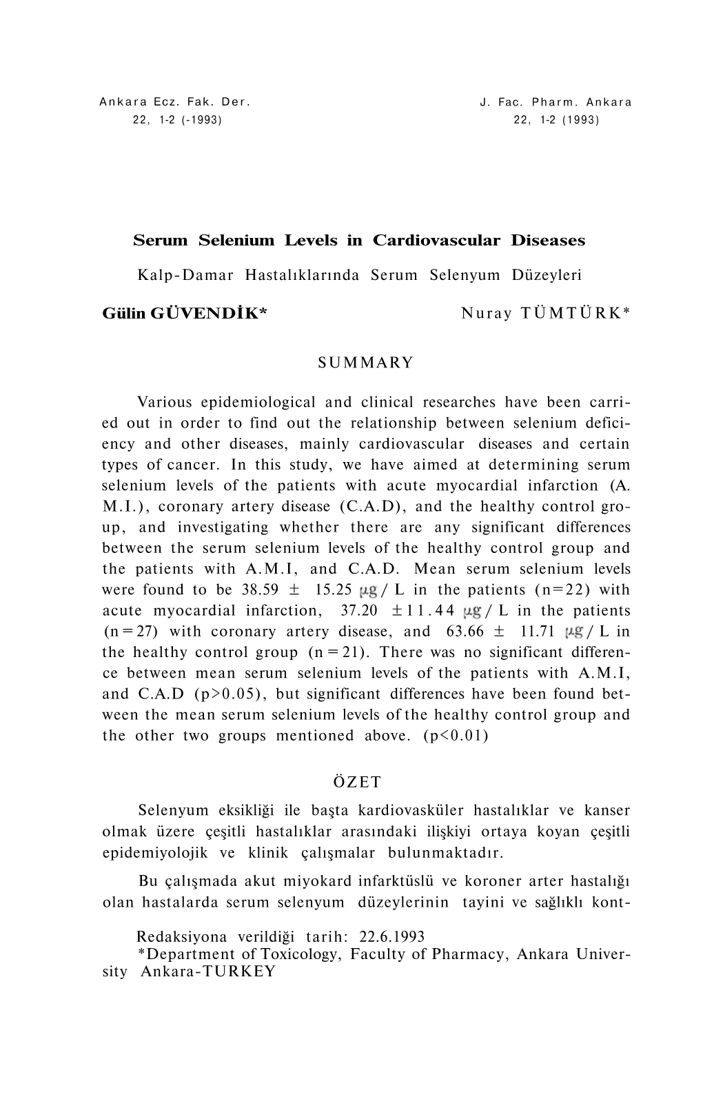 Serum Selenium Levels in Cardiovascular Diseases Kalp