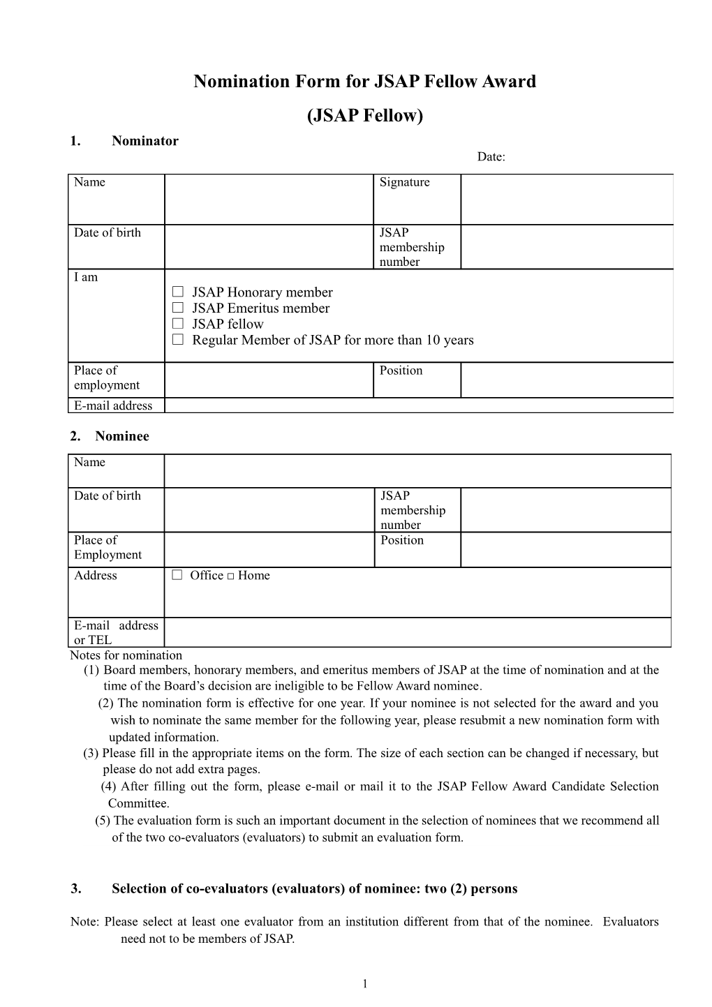 Nomination Form for JSAP Fellow Award