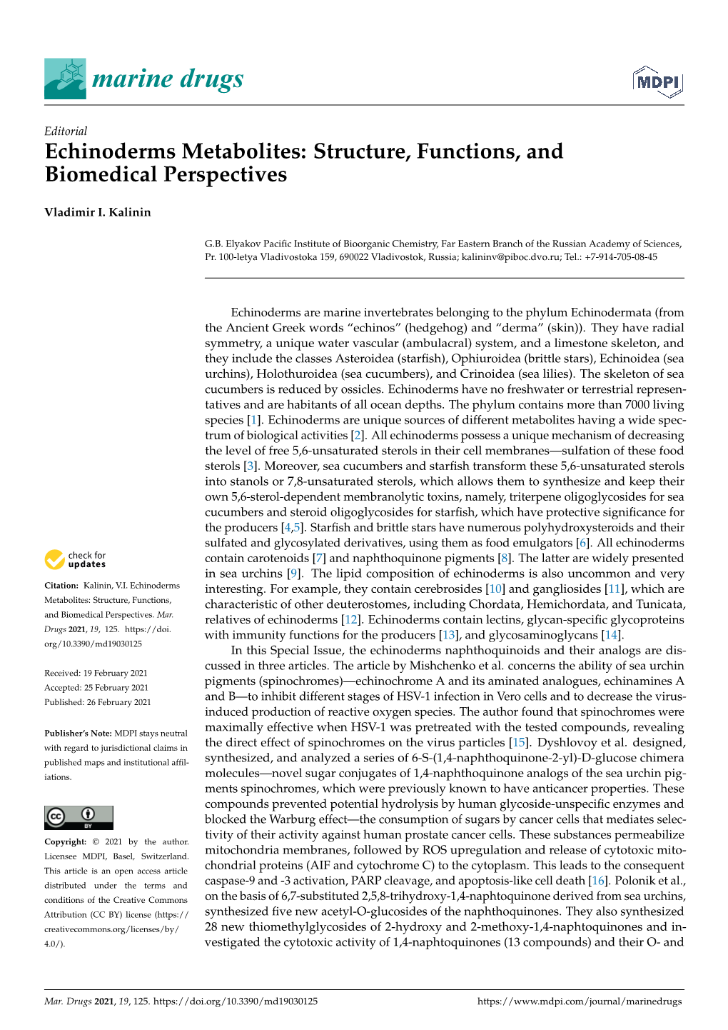 Echinoderms Metabolites: Structure, Functions, and Biomedical Perspectives