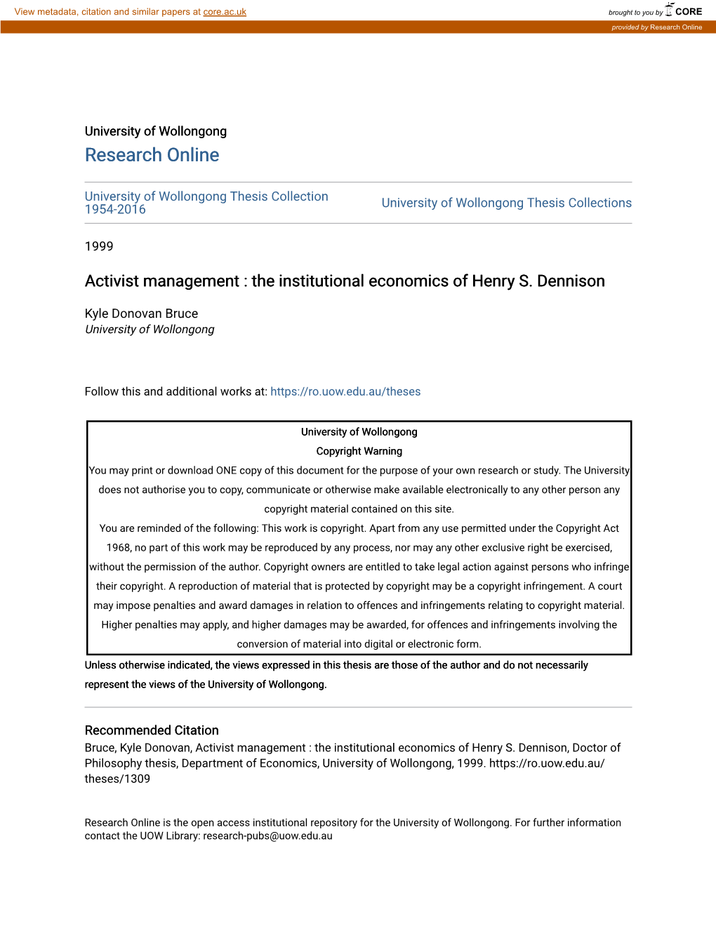 Activist Management : the Institutional Economics of Henry S. Dennison