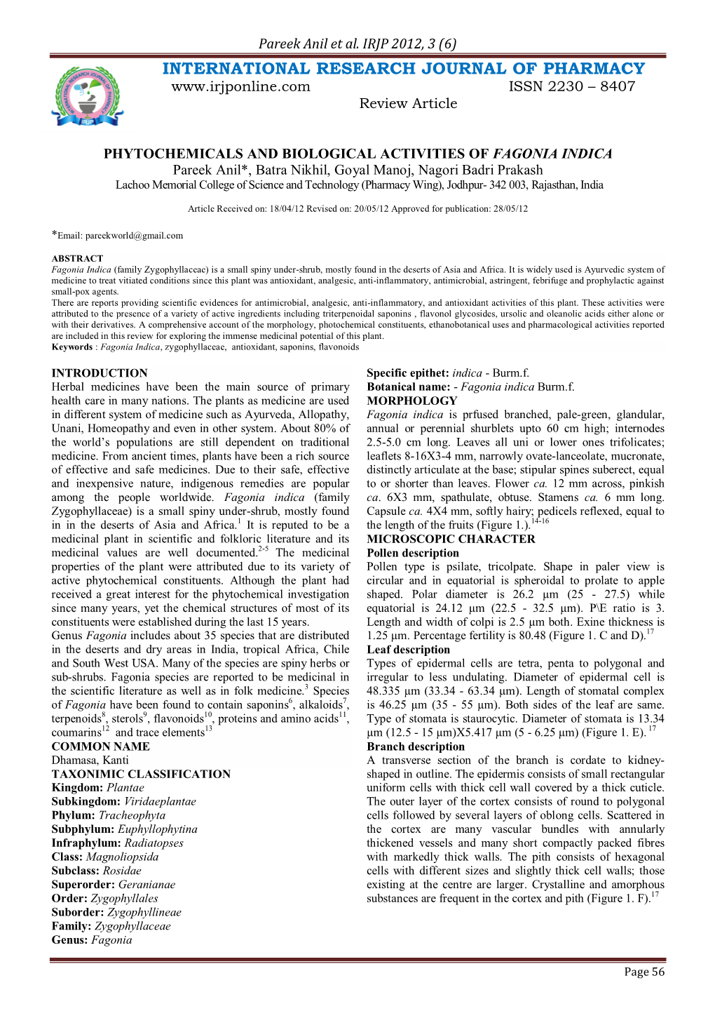 Phytochemicals and Biological Activities of Fagonia Indica