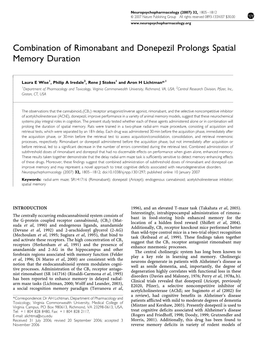 Combination of Rimonabant and Donepezil Prolongs Spatial Memory Duration