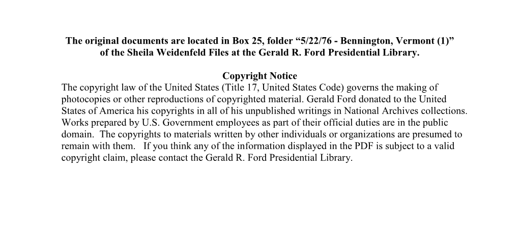 Bennington, Vermont (1)” of the Sheila Weidenfeld Files at the Gerald R