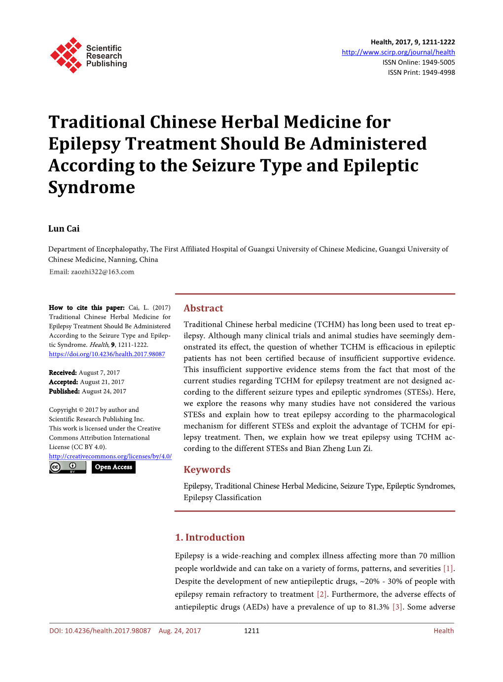 Traditional Chinese Herbal Medicine for Epilepsy Treatment Should Be Administered According to the Seizure Type and Epileptic Syndrome