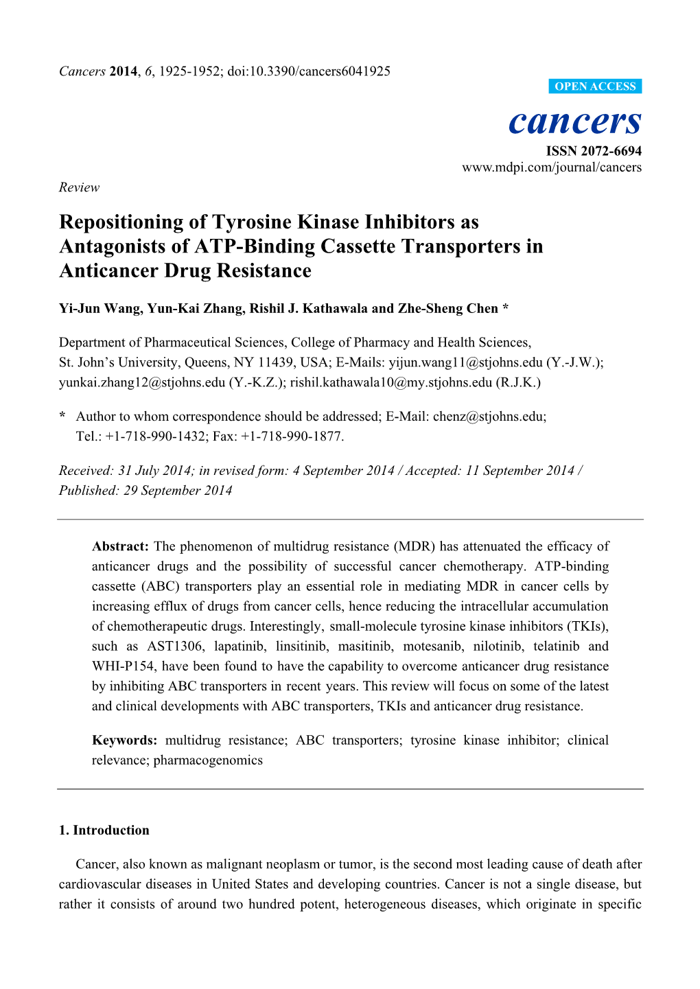 Repositioning of Tyrosine Kinase Inhibitors As Antagonists of ATP-Binding Cassette Transporters in Anticancer Drug Resistance