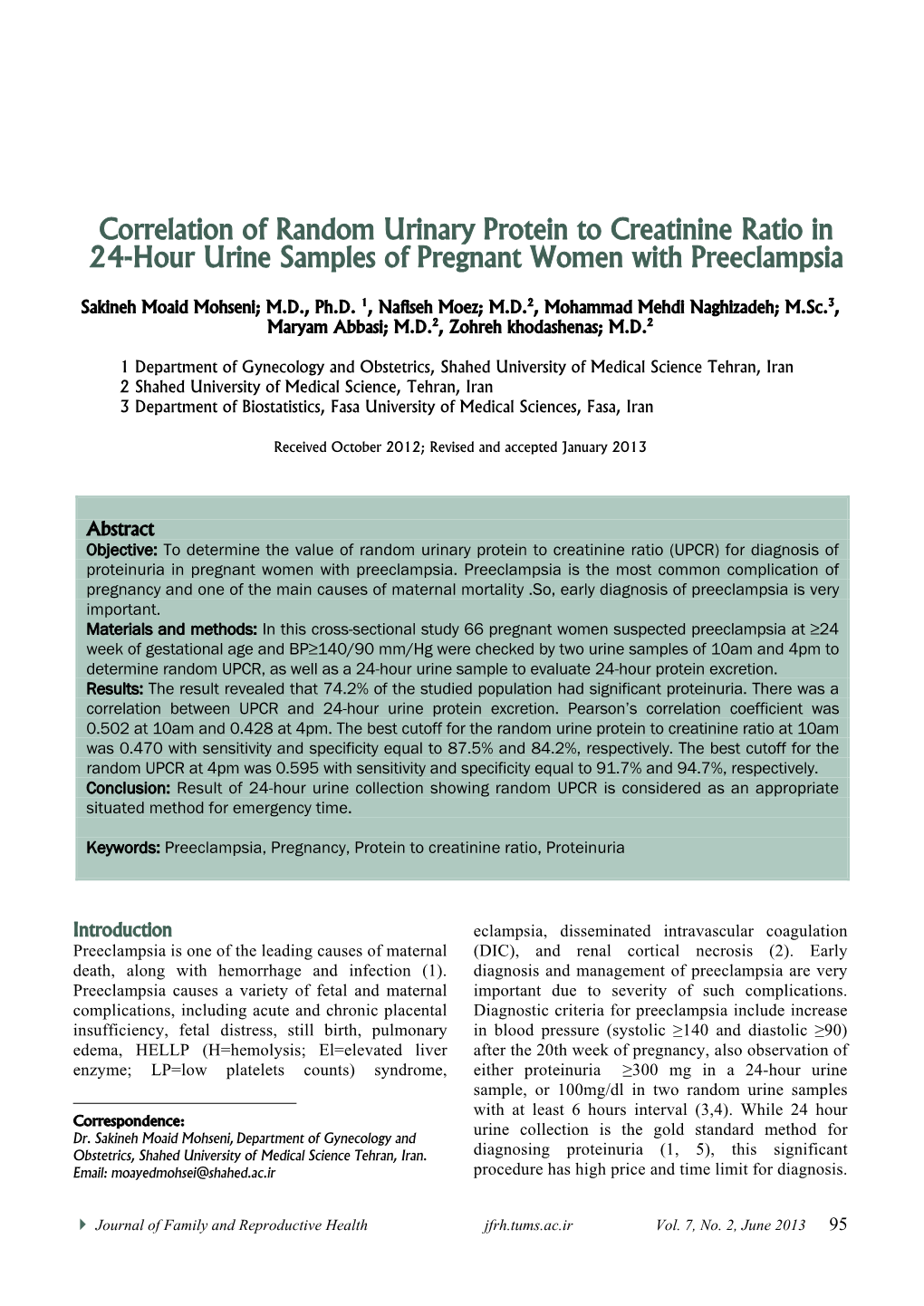 Correlation of Random Urinary Protein to Creatinine Ratio in 24-Hour Urine Samples of Pregnant Women with Preeclampsia