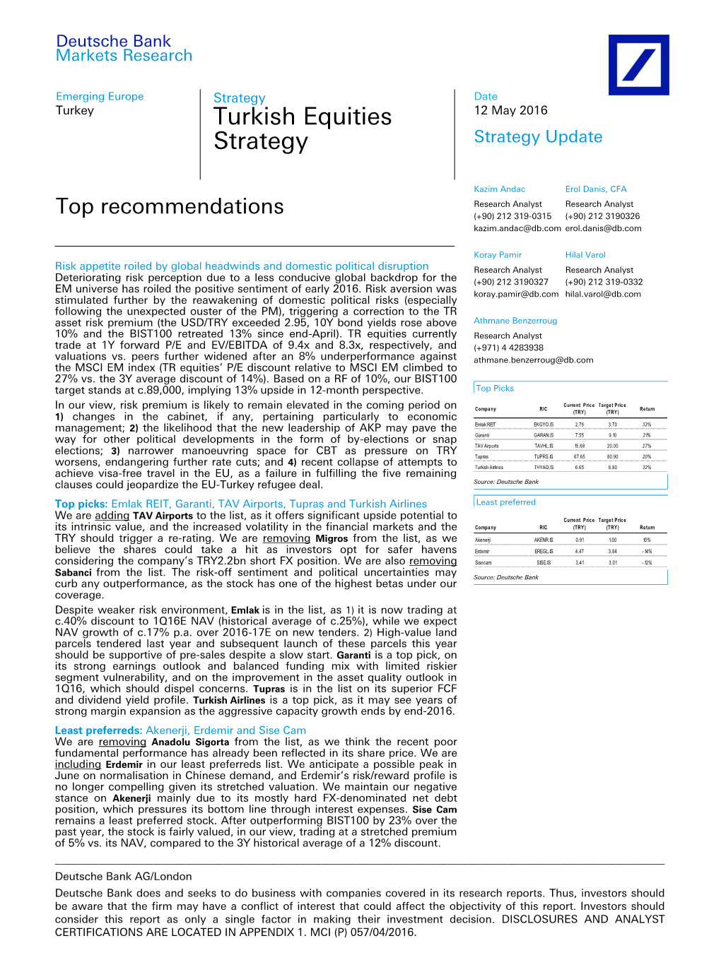 Turkish Equities Strategy Update Strategy