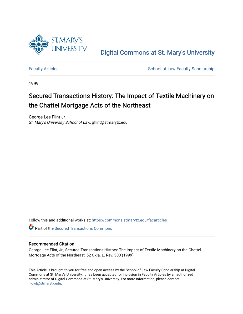 Secured Transactions History: the Impact of Textile Machinery on the Chattel Mortgage Acts of the Northeast