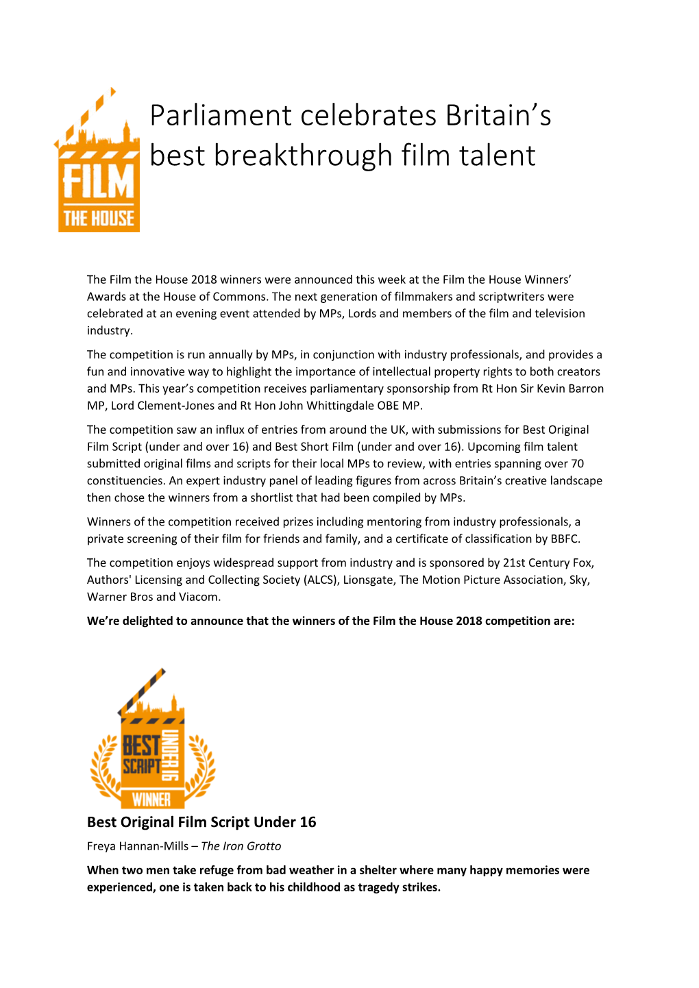 Parliament Celebrates Britain's Best Breakthrough Film Talent