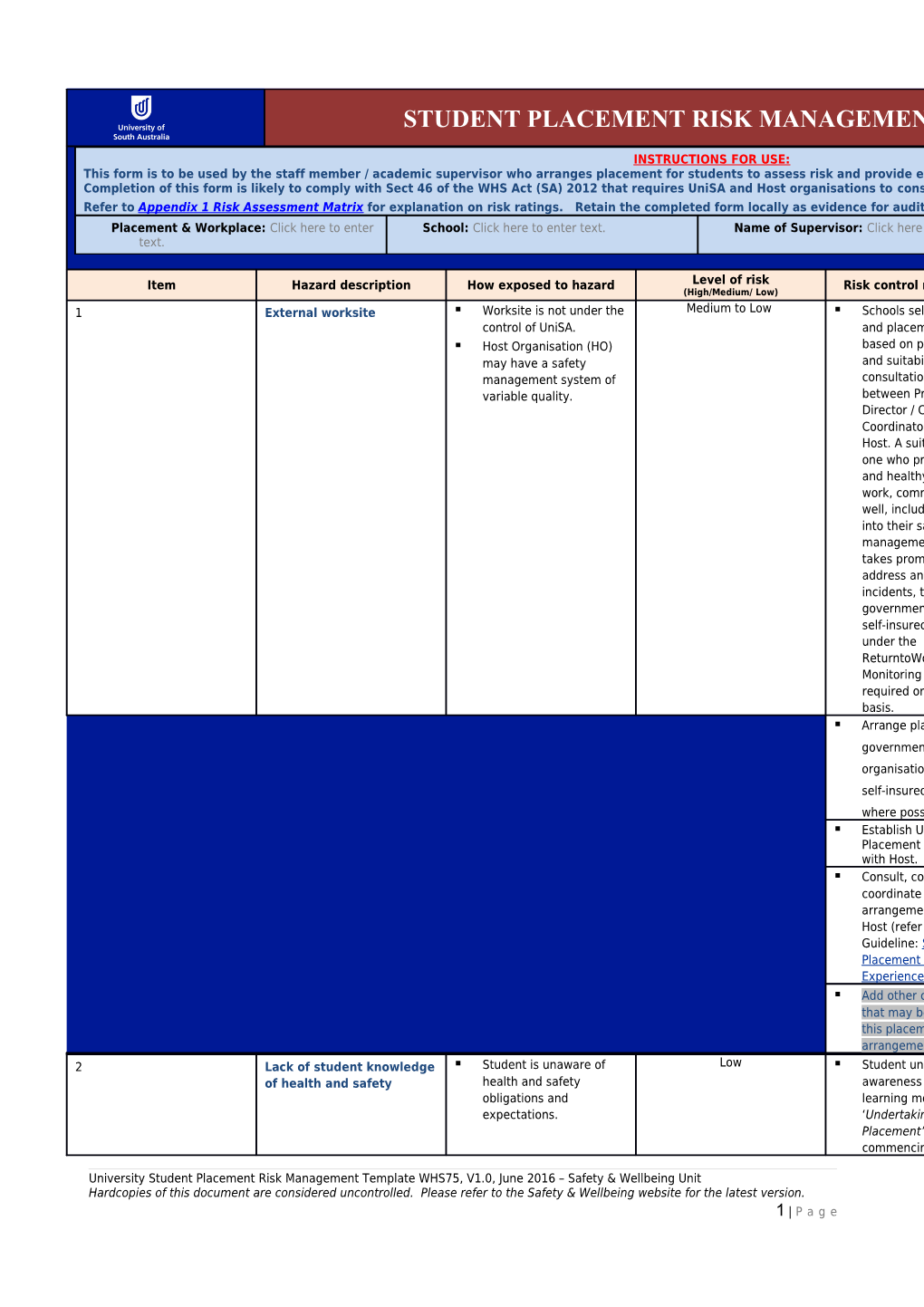 Risk Assessment Matrix the Risk Matrix Below Is Used to Determine the Level of Risk For