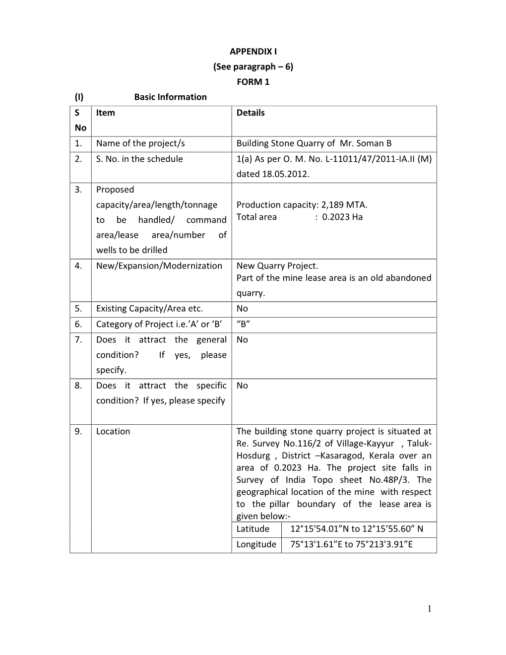 APPENDIX I (See Paragraph – 6) FORM 1 (I) Basic Information S Item Details No 1