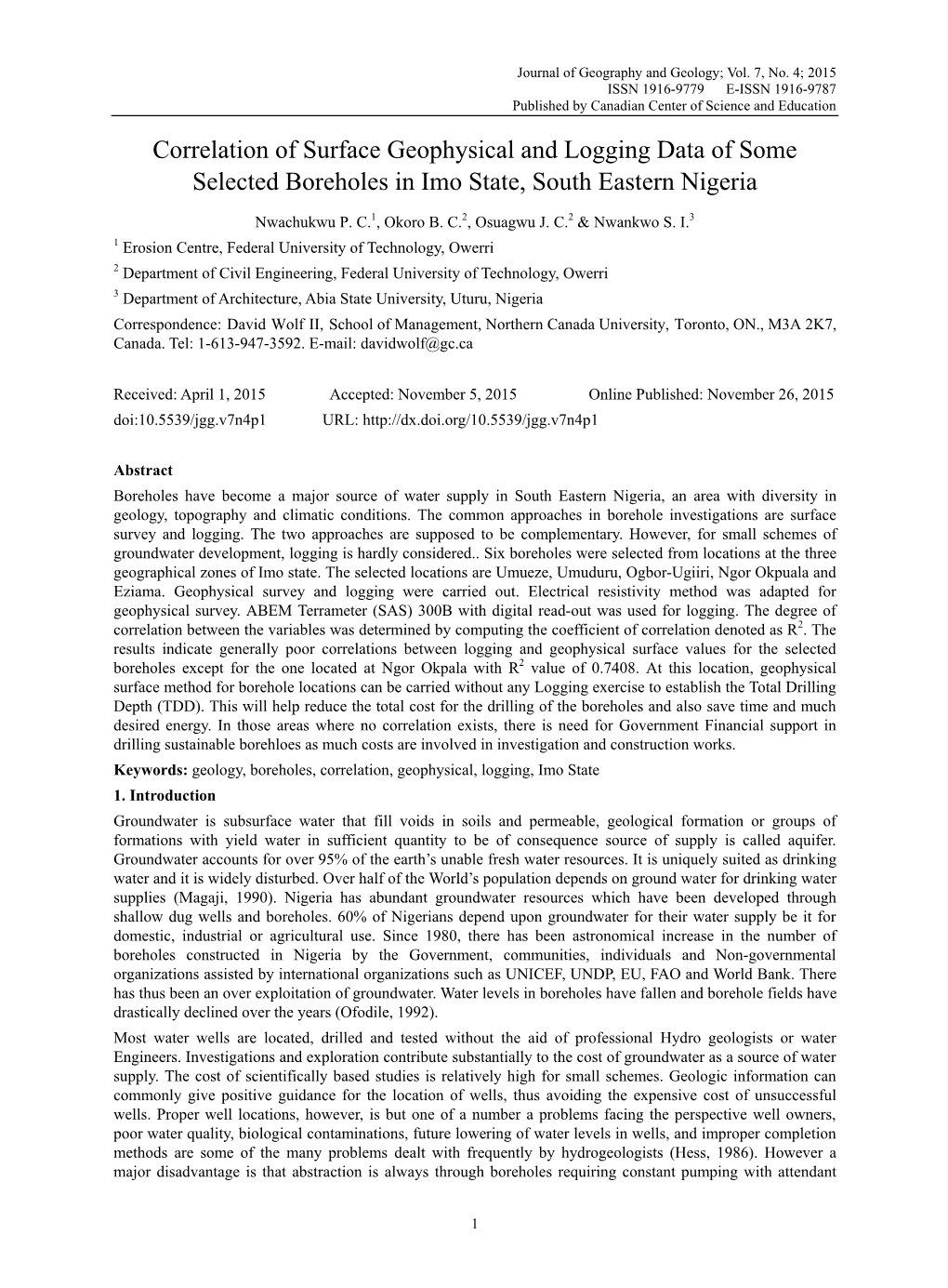 Correlation of Surface Geophysical and Logging Data of Some Selected Boreholes in Imo State, South Eastern Nigeria