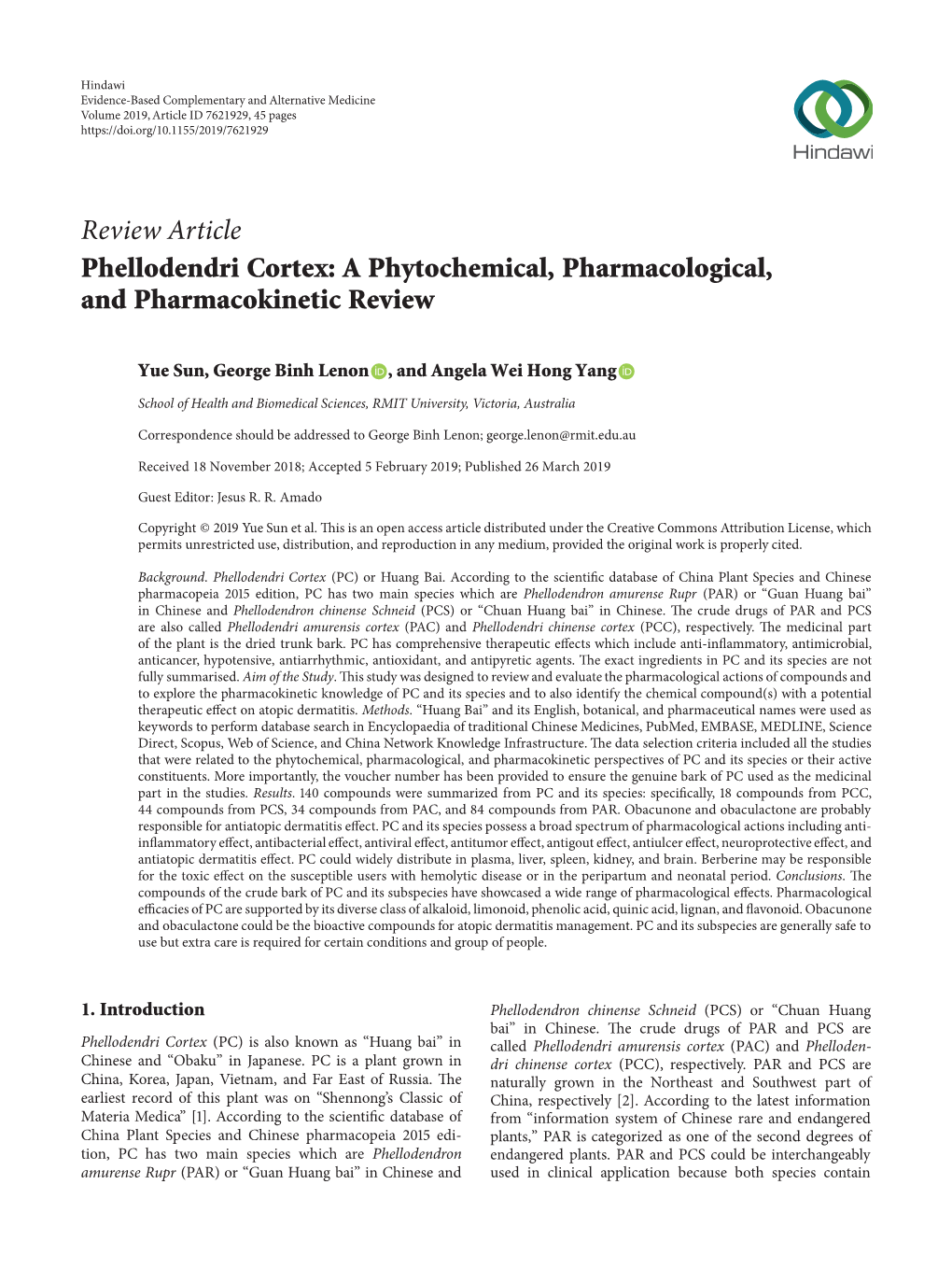 Review Article Phellodendri Cortex: a Phytochemical, Pharmacological, and Pharmacokinetic Review