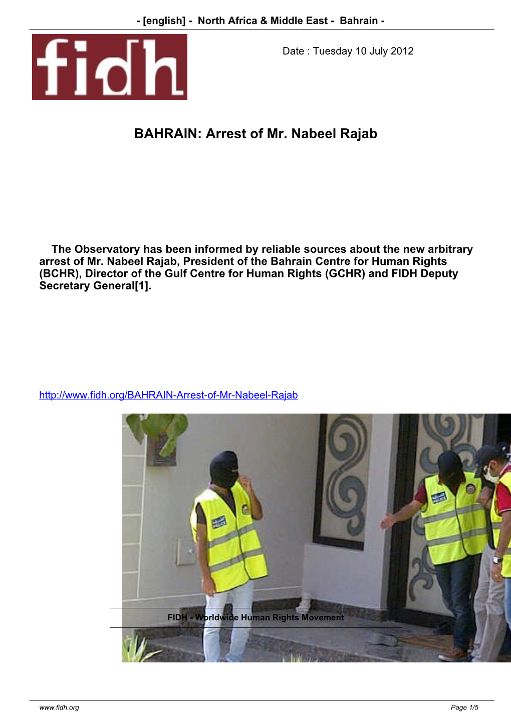 Arrest of Mr. Nabeel Rajab