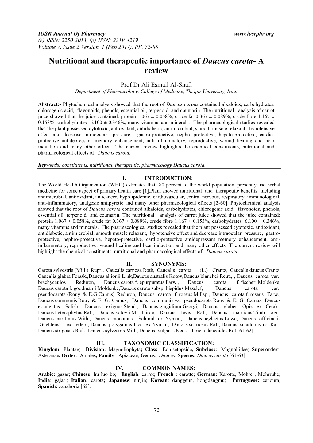 Nutritional and Therapeutic Importance of Daucus Carota- a Review