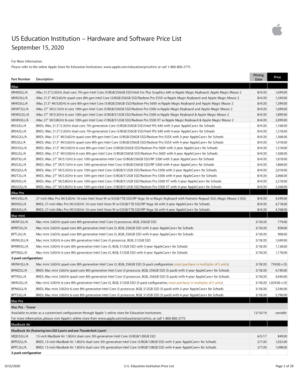 Apple US Education Price List