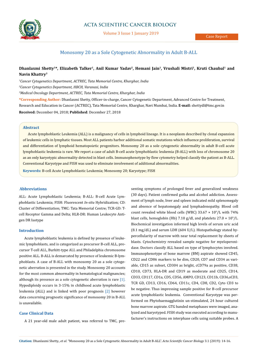 Monosomy 20 As a Sole Cytogenetic Abnormality in Adult B-ALL