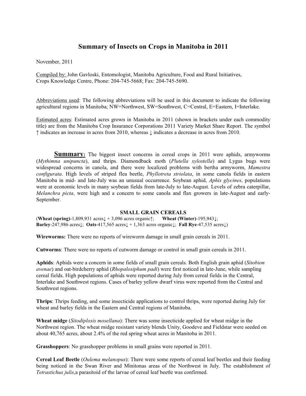 Summary of Insects on Crops in Manitoba in 2011