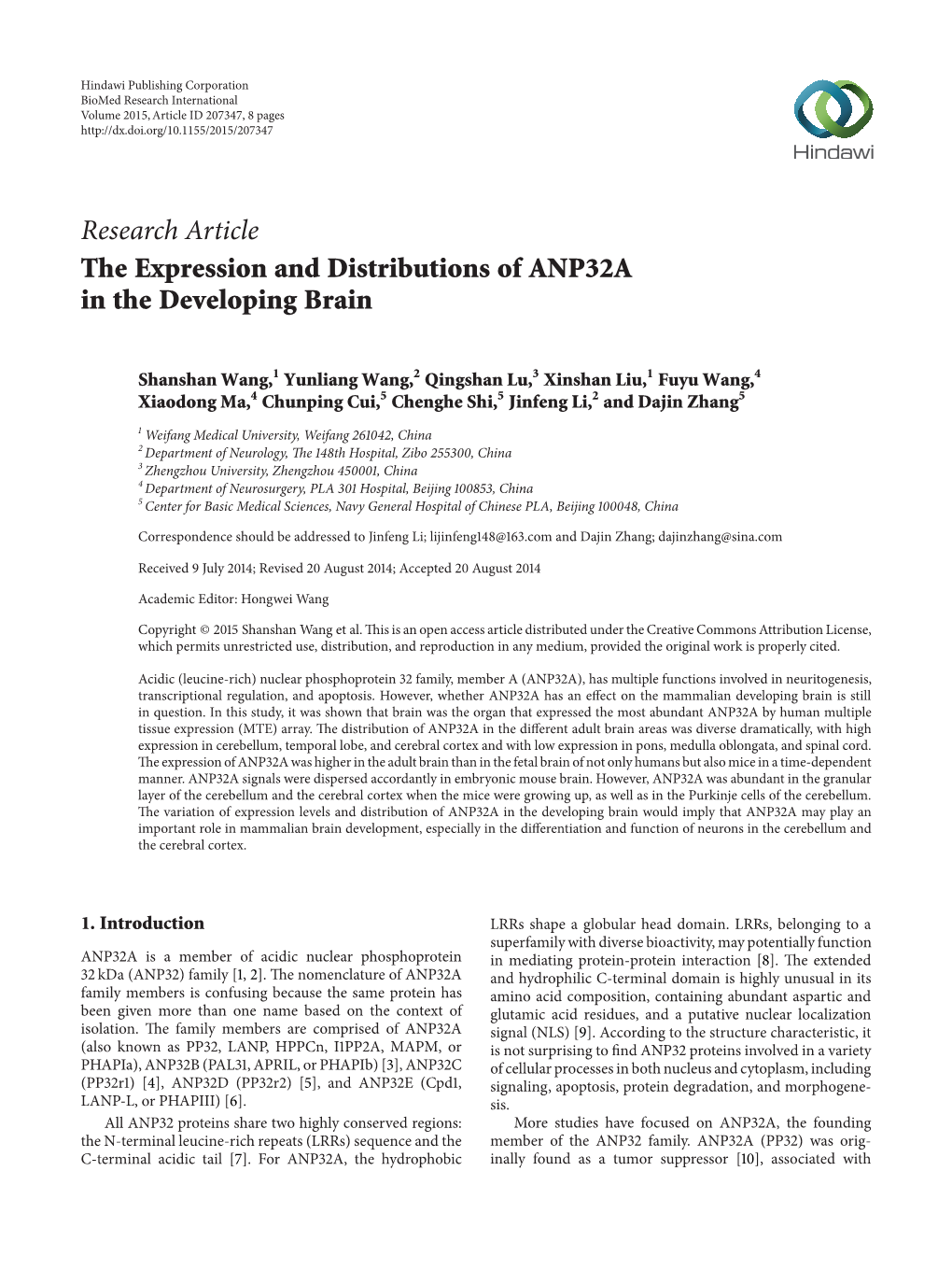 The Expression and Distributions of ANP32A in the Developing Brain