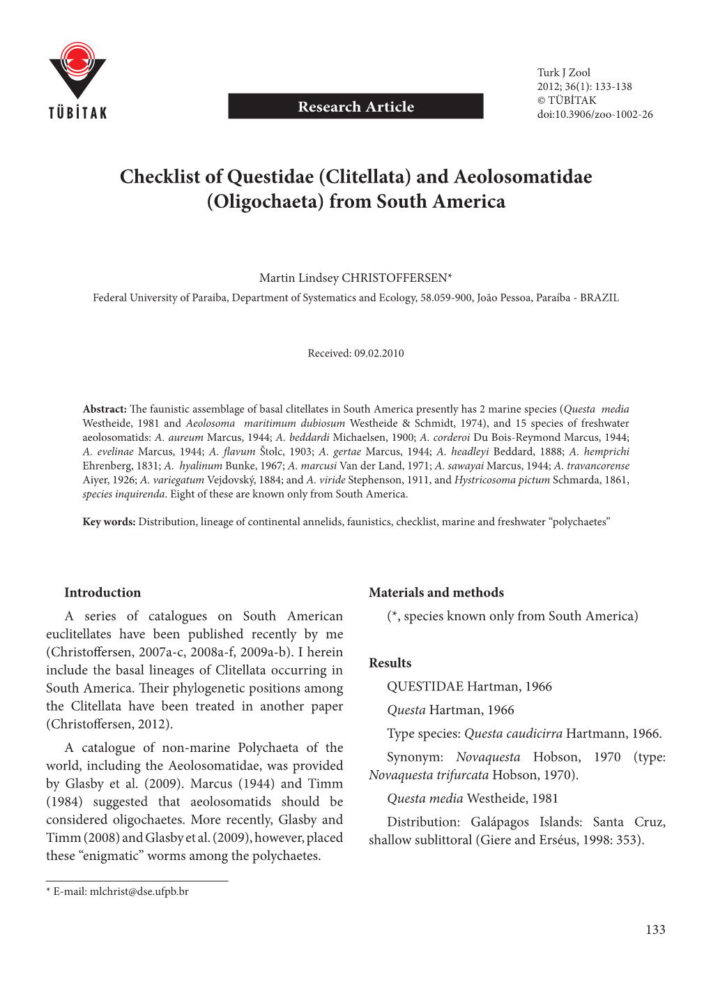 Checklist of Questidae (Clitellata) and Aeolosomatidae (Oligochaeta) from South America