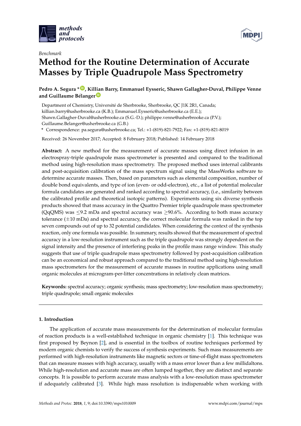 Method for the Routine Determination of Accurate Masses by Triple Quadrupole Mass Spectrometry