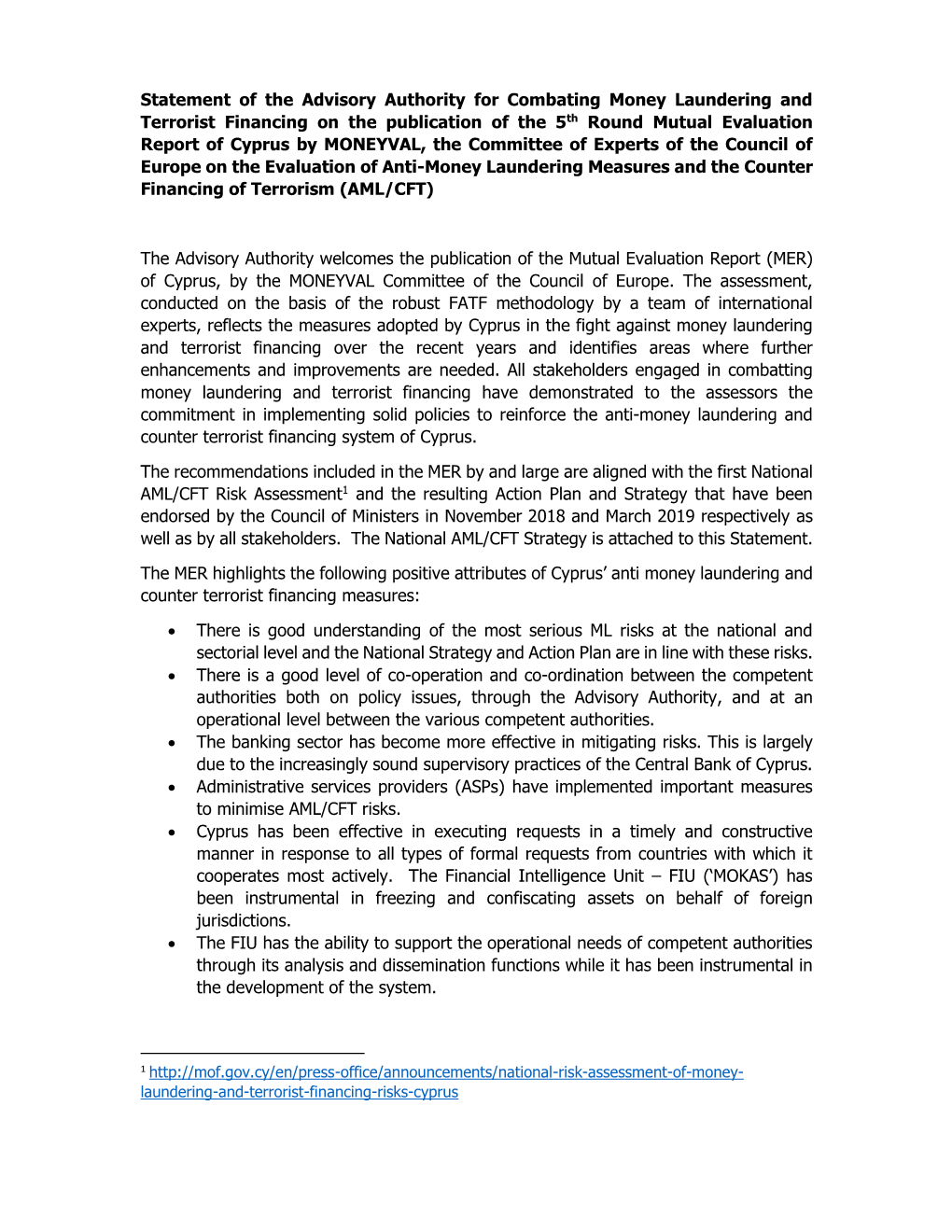 Statement of the Advisory Authority for Combating Money Laundering And