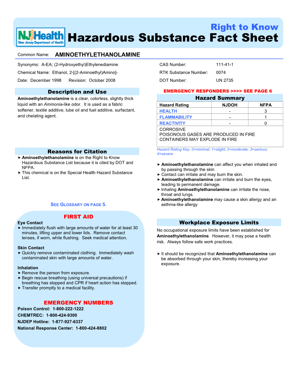 0074 Date: December 1998 Revision: October 2008 DOT Number: UN 2735