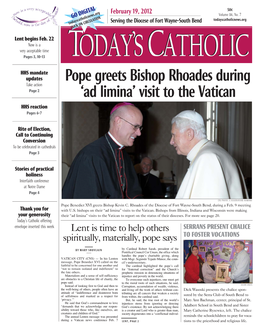 Pope Greets Bishop Rhoades During Take Action Page 2 ‘Ad Limina’ Visit to the Vatican HHS Reaction Pages 6-7