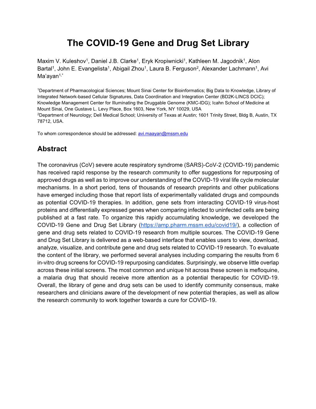 The COVID-19 Gene and Drug Set Library