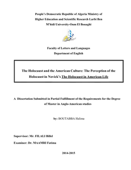 The Holocaust and the American Culture: the Perception of the Holocaust in Novick’S the Holocaust in American Life