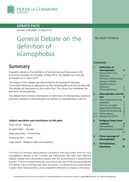 General Debate on the Definition of Islamophobia Will Take Place in the Runnymede Trust Commons Chamber on Thursday 16 May 2019